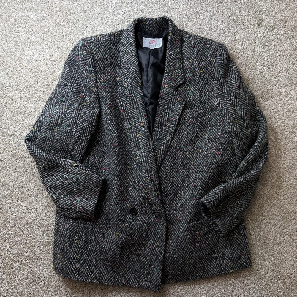 Vintage JP Collection Blazer Jacket Womens 8 Gray Herringbone Two Button Japan